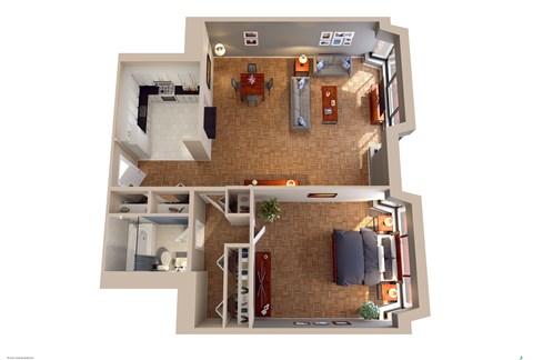A 3D floor plan of a house with a living room, kitchen, and two bedrooms.